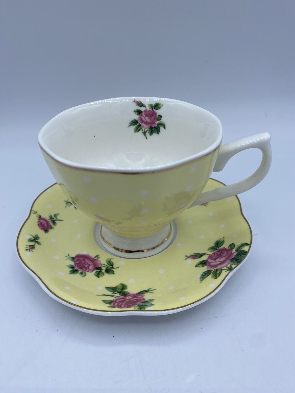 Brew to A Tea Pink Yellow Polka Dot Rose & Gold Trim Cup & Saucer; Chintz Teacup